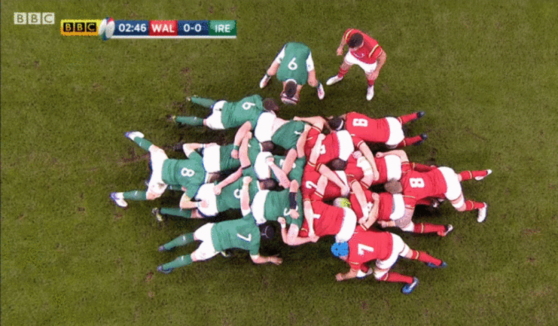 Ireland vs Wales scrum seen from above